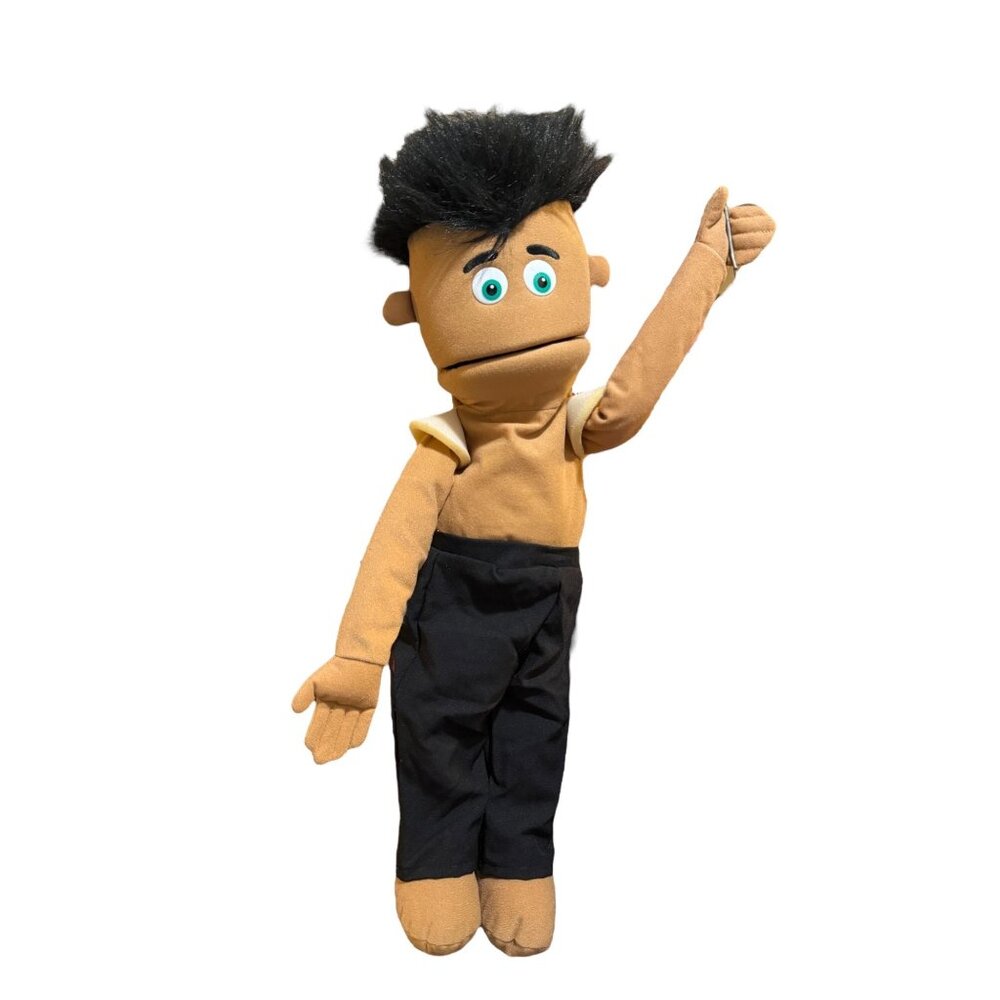 Silly Puppets Boy Hand Puppet Black Hair Mouth Movement Arm Control Rod 25"